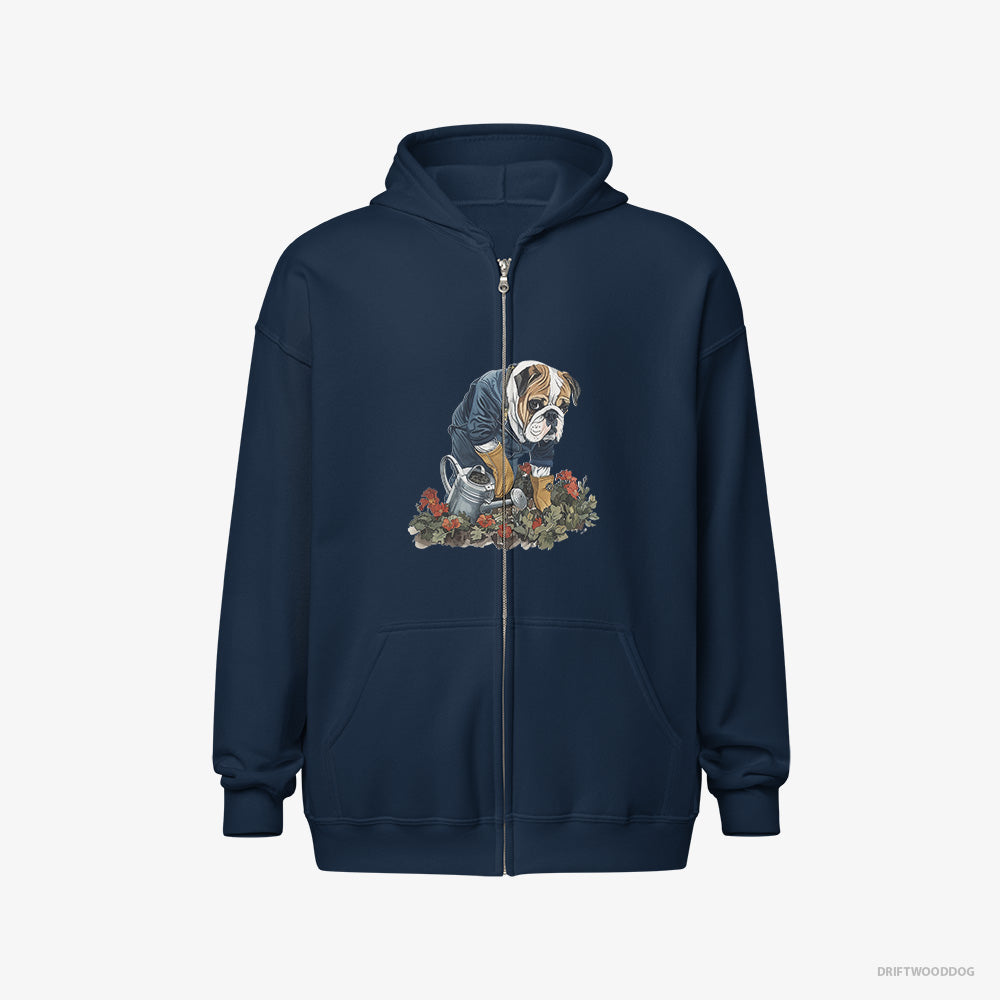 Bulldog Hoodie – Men Navy Hoodie Full-Zip – Caring for Beautiful Flowers (on White Background)