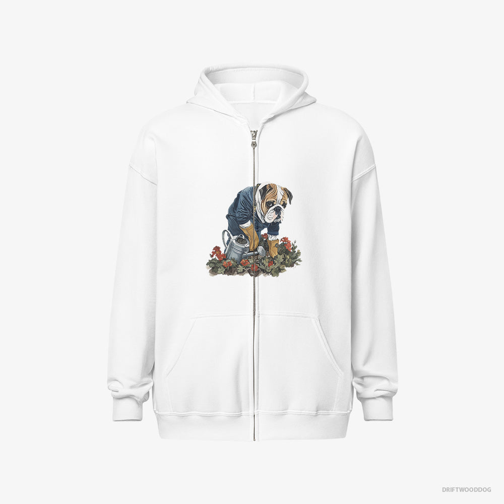 Bulldog Hoodie – Men White Hoodie Full-Zip – Caring for Beautiful Flowers (on White Background)