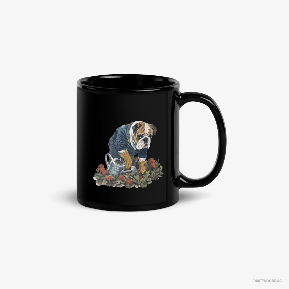 Bulldog Mug – Unisex Black Mug Classic – Caring for Beautiful Flowers (on White Background)