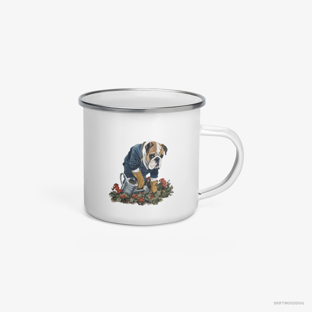 Bulldog Mug – Unisex White Mug Enamel – Caring for Beautiful Flowers (on White Background)