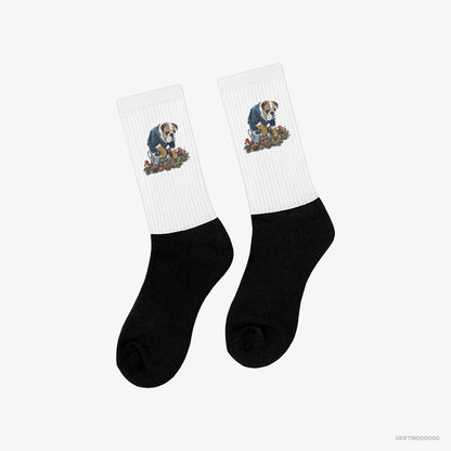 Bulldog Socks – Unisex White and Black Socks Classic – Caring for Beautiful Flowers (on White Background)