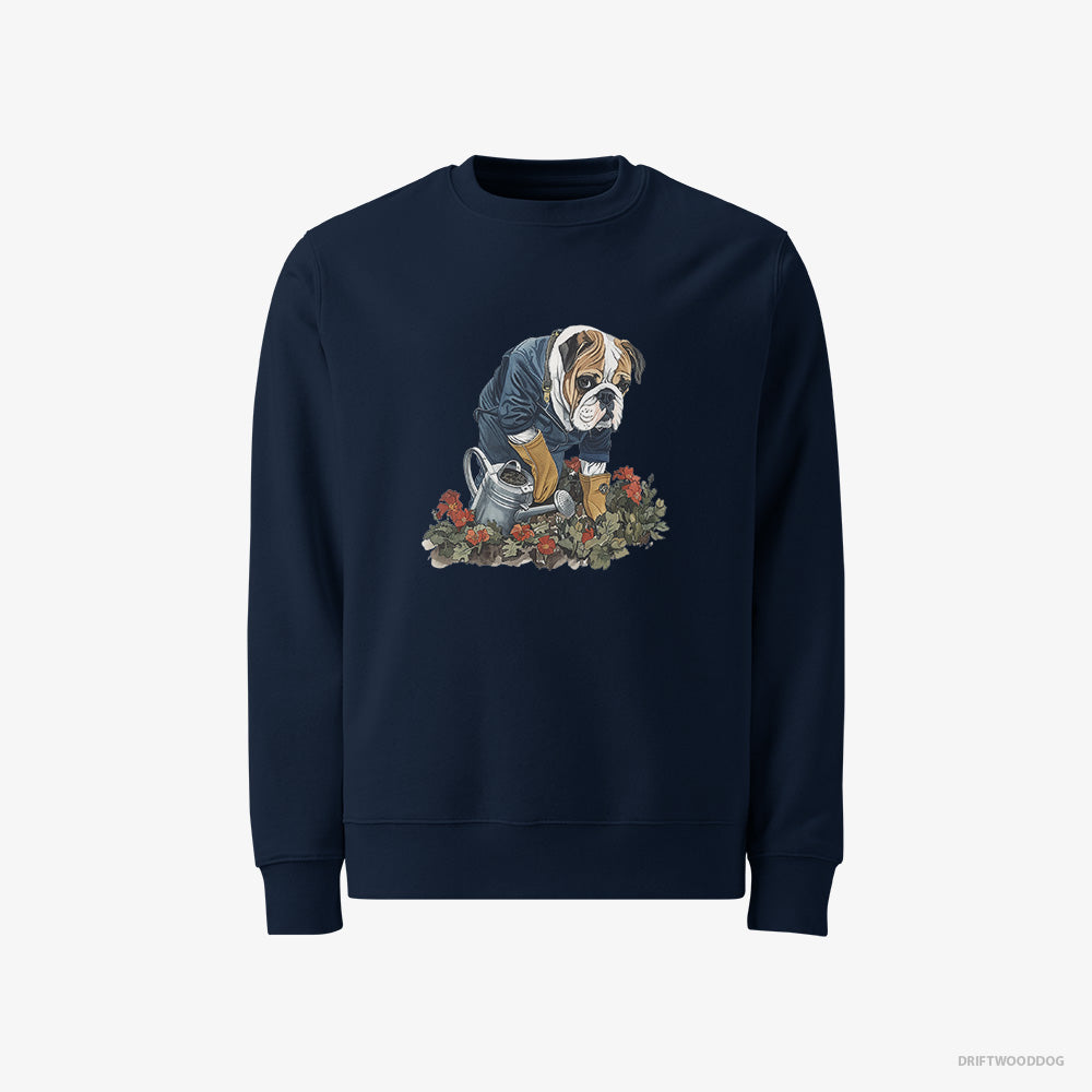 Bulldog Sweatshirt – Men Navy Sweatshirt Classic – Caring for Beautiful Flowers (on White Background)