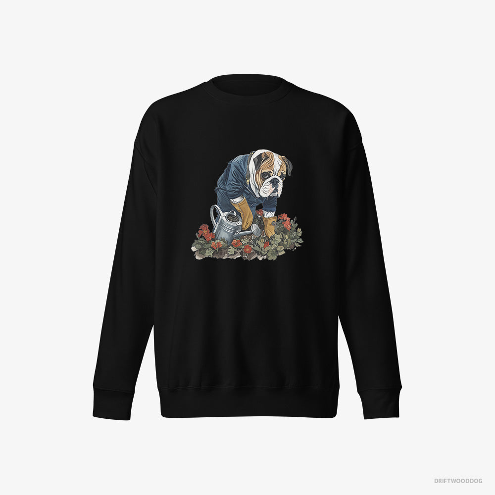 Bulldog Sweatshirt – Men Black Sweatshirt Eco-Friendly – Caring for Beautiful Flowers (on White Background)