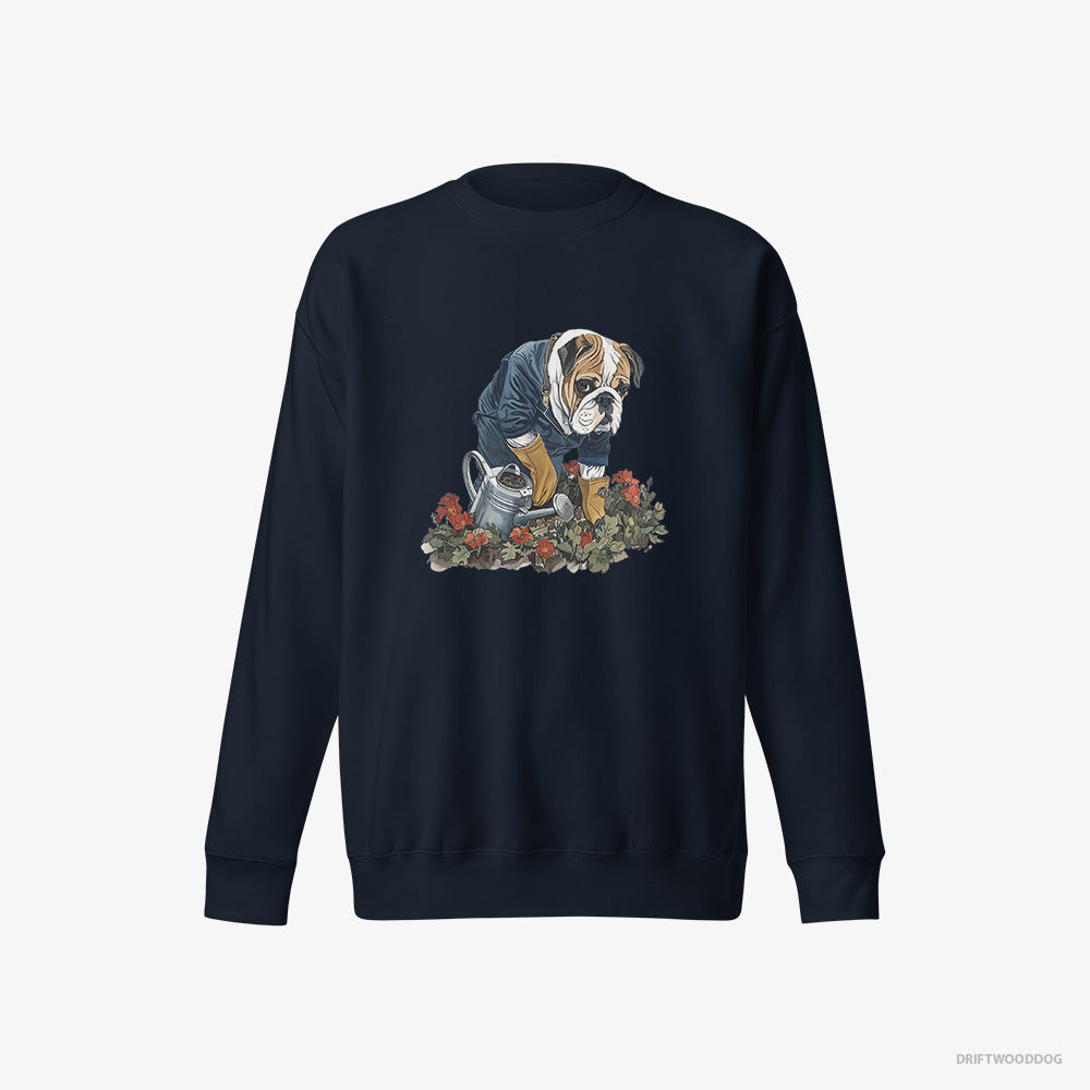 Bulldog Sweatshirt – Men Navy Sweatshirt Eco-Friendly – Caring for Beautiful Flowers (on White Background)