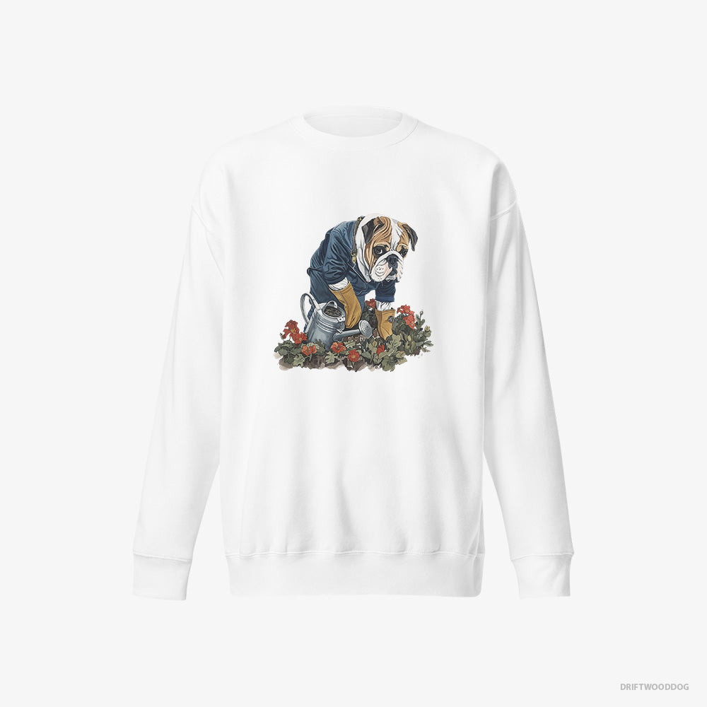 Bulldog Sweatshirt – Men White Sweatshirt Eco-Friendly – Caring for Beautiful Flowers (on White Background)