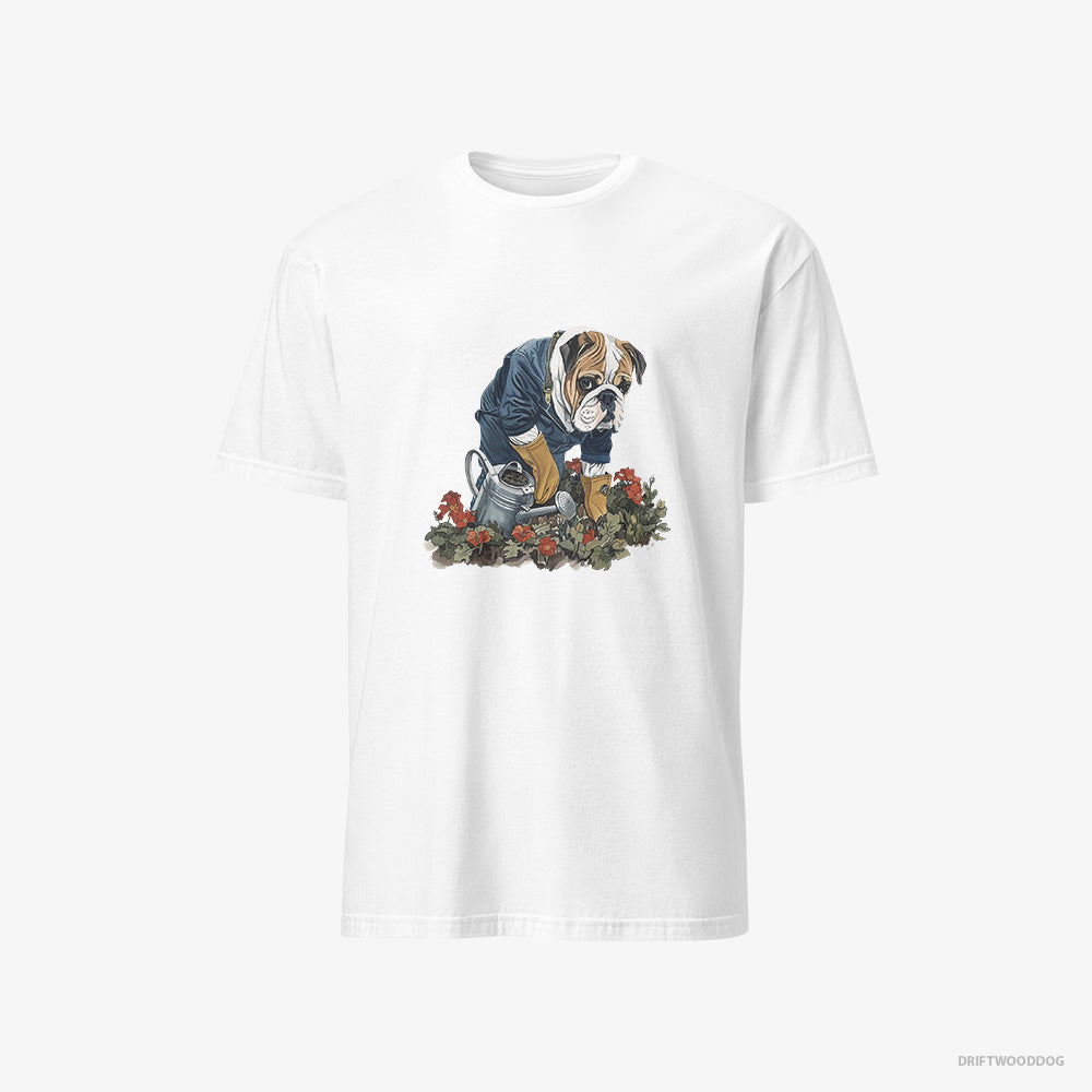 Bulldog T-Shirt – Men White T-Shirt Classic – Caring for Beautiful Flowers (on White Background)