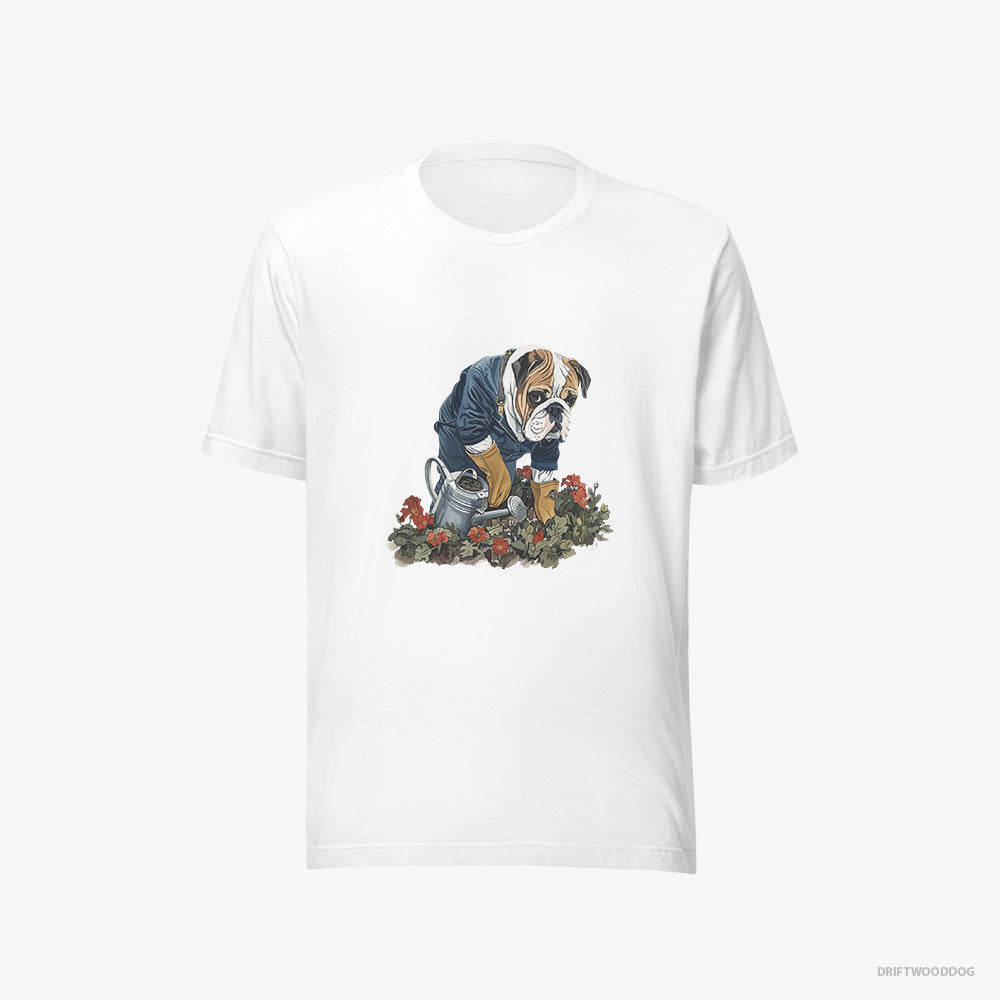 Bulldog T-Shirt – Men White T-Shirt Eco-Friendly – Caring for Beautiful Flowers (on White Background)