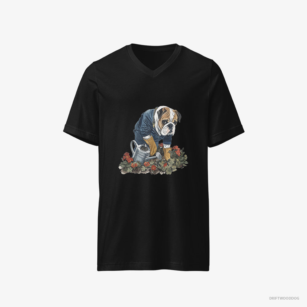 Bulldog T-Shirt – Men Black T-Shirt V-Neck – Caring for Beautiful Flowers (on White Background)