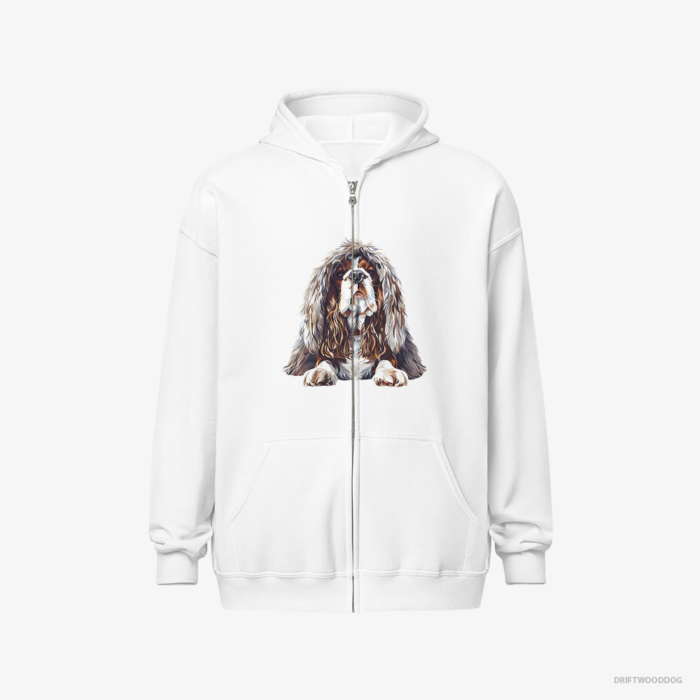 Beagle Hoodie – Men White Hoodie Full-Zip – Dressed in a Heavy Furry Coat (on White Background)