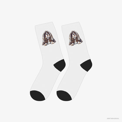 Beagle Socks – Unisex White Socks Classic – Dressed in a Heavy Furry Coat (on White Background)