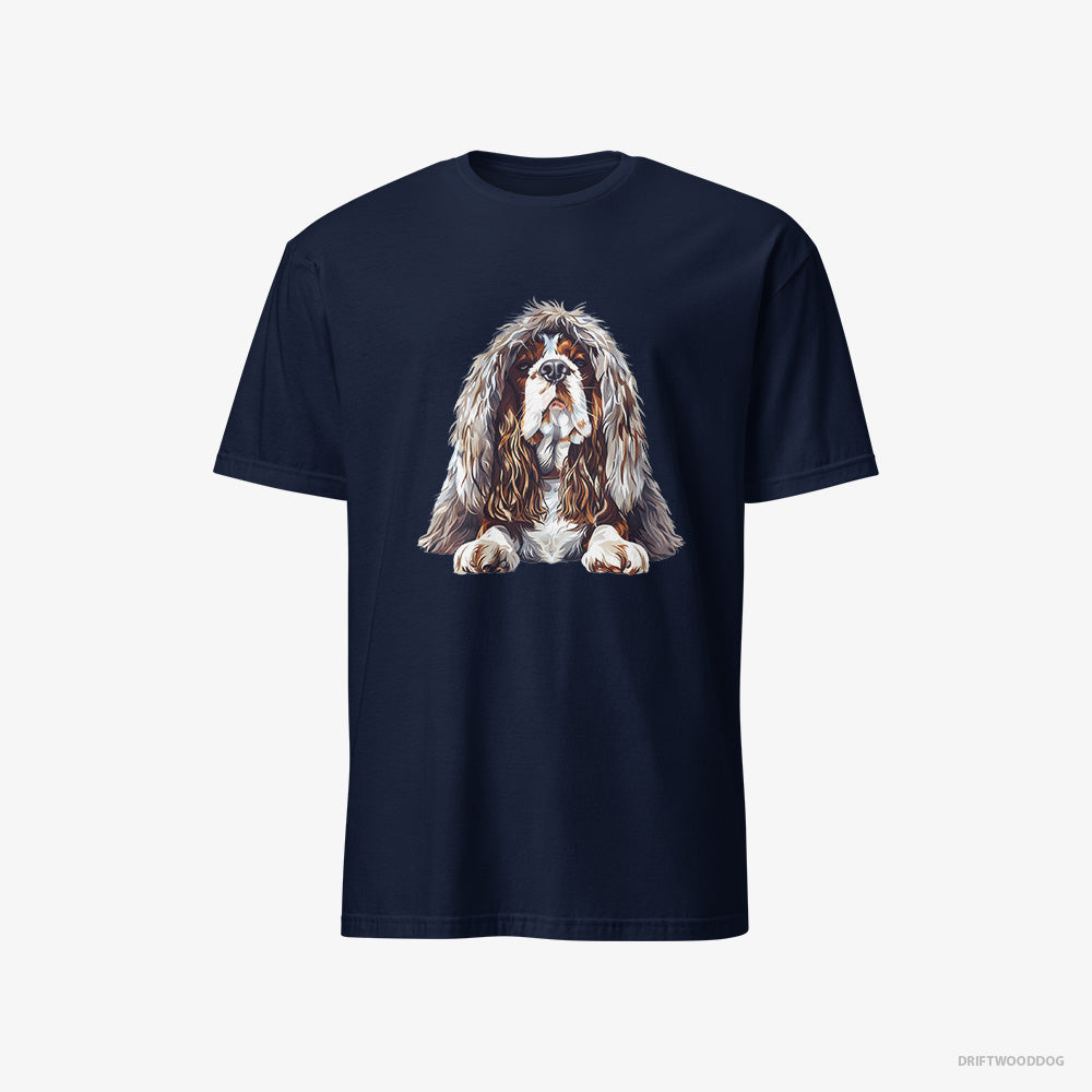 Beagle T-Shirt – Men Navy T-Shirt Classic – Dressed in a Heavy Furry Coat (on White Background)