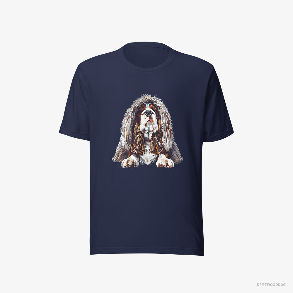 Beagle T-Shirt – Men Navy T-Shirt Eco-Friendly – Dressed in a Heavy Furry Coat (on White Background)