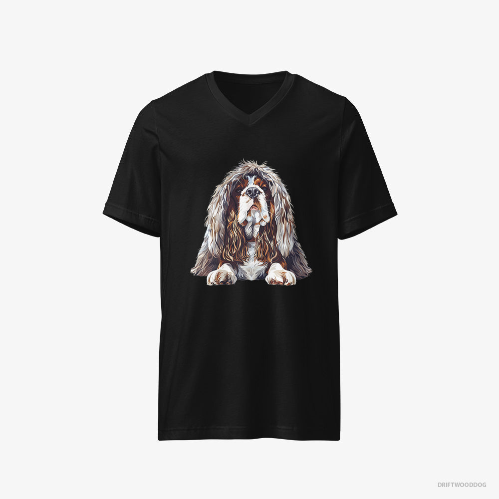 Beagle T-Shirt – Men Black T-Shirt V-Neck – Dressed in a Heavy Furry Coat (on White Background)