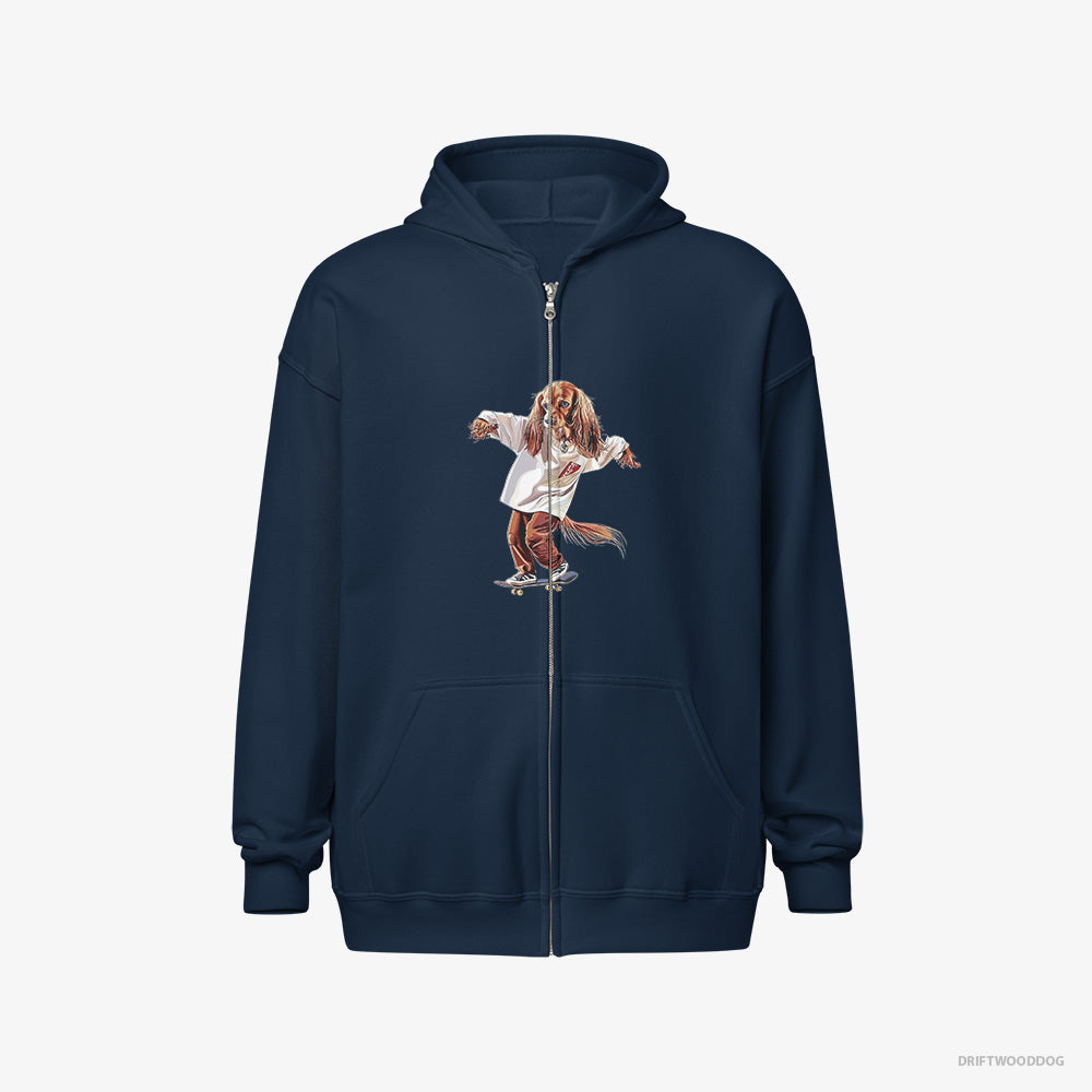 Beagle Hoodie – Men Navy Hoodie Full-Zip – Cruising on a Skateboard (on White Background)