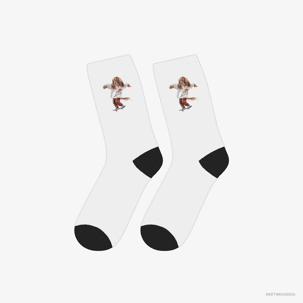 Beagle Socks – Unisex White Socks Eco-Friendly – Cruising on a Skateboard (on White Background)