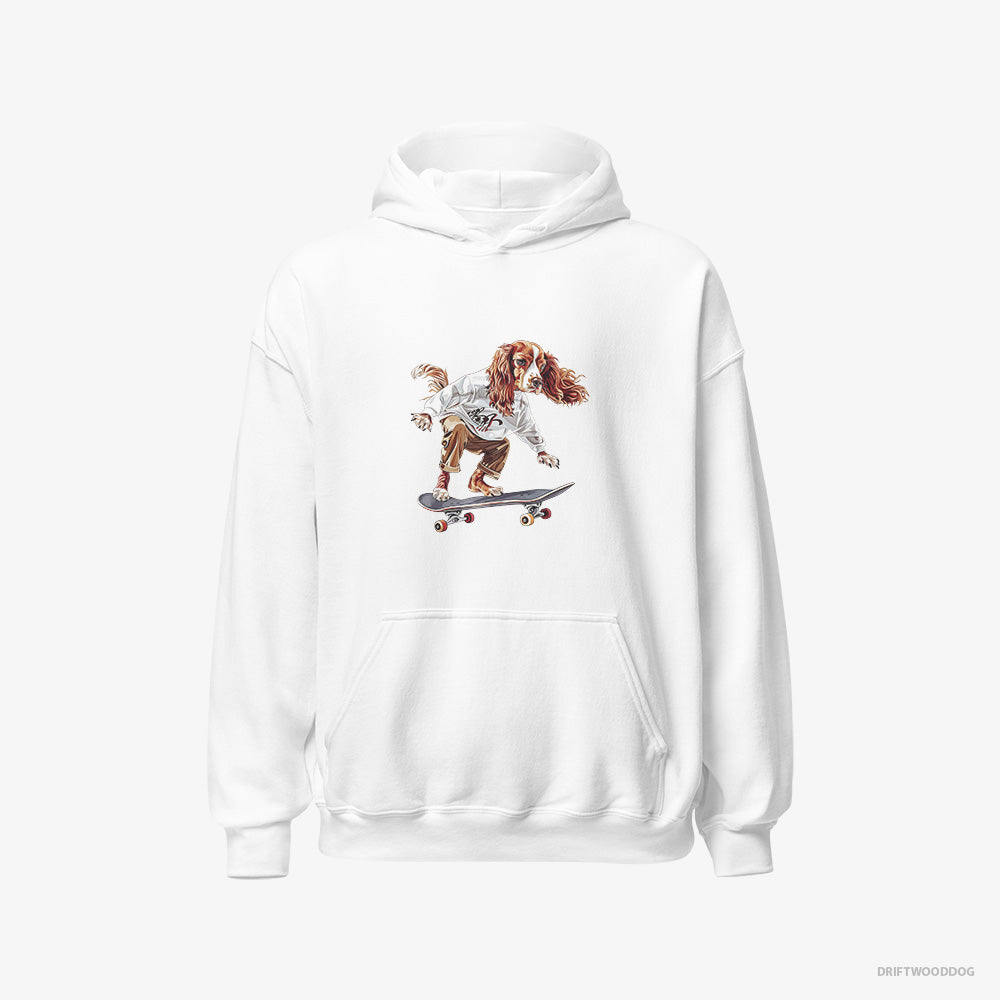 Beagle Hoodie – Women White Hoodie Classic – Doing a Skateboard Flip (on White Background)