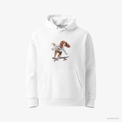 Beagle Hoodie – Men White Hoodie Eco-Friendly – Doing a Skateboard Flip (on White Background)