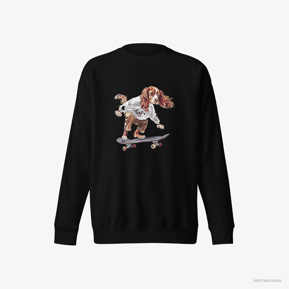 Beagle Sweatshirt – Women Black Sweatshirt Eco-Friendly – Doing a Skateboard Flip (on White Background)