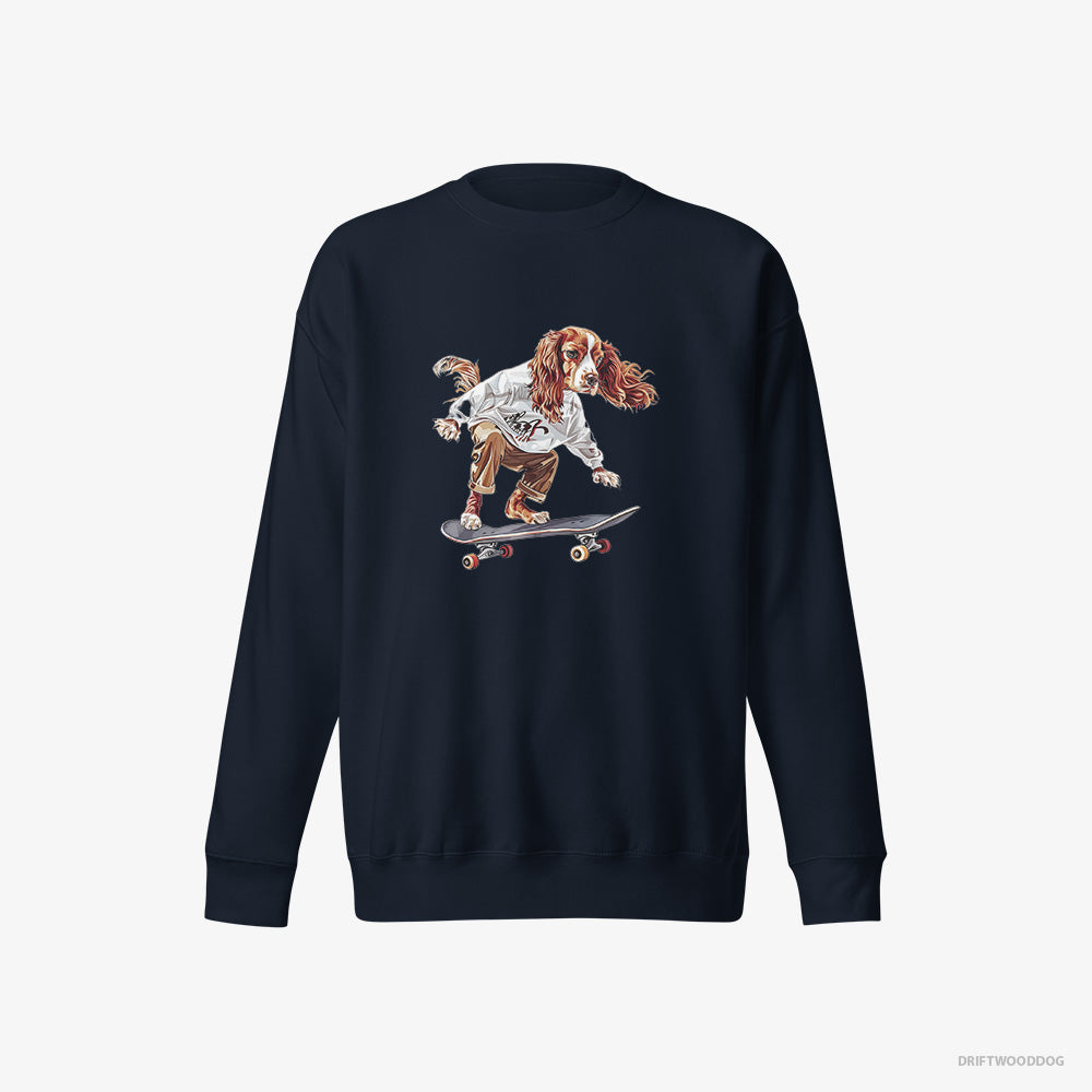 Beagle Sweatshirt – Men Navy Sweatshirt Eco-Friendly – Doing a Skateboard Flip (on White Background)