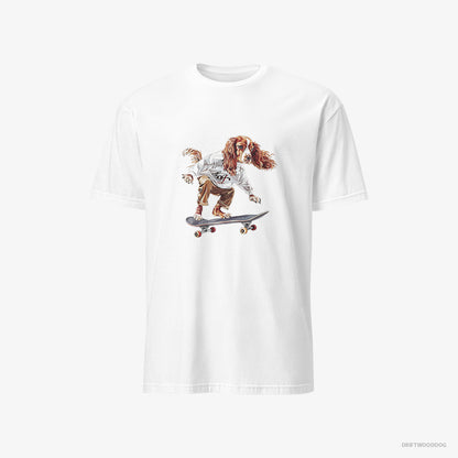 Beagle T-Shirt – Men White T-Shirt Classic – Doing a Skateboard Flip (on White Background)