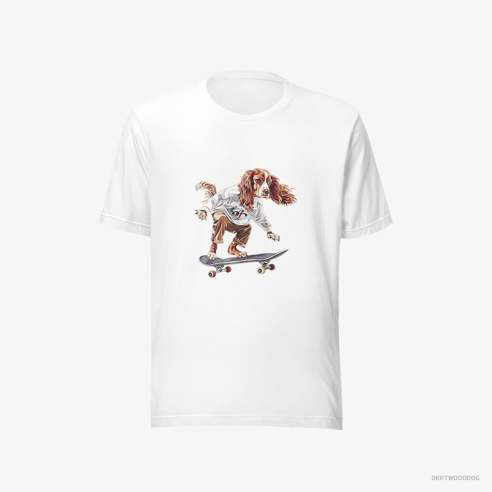 Beagle T-Shirt – Men White T-Shirt Eco-Friendly – Doing a Skateboard Flip (on White Background)