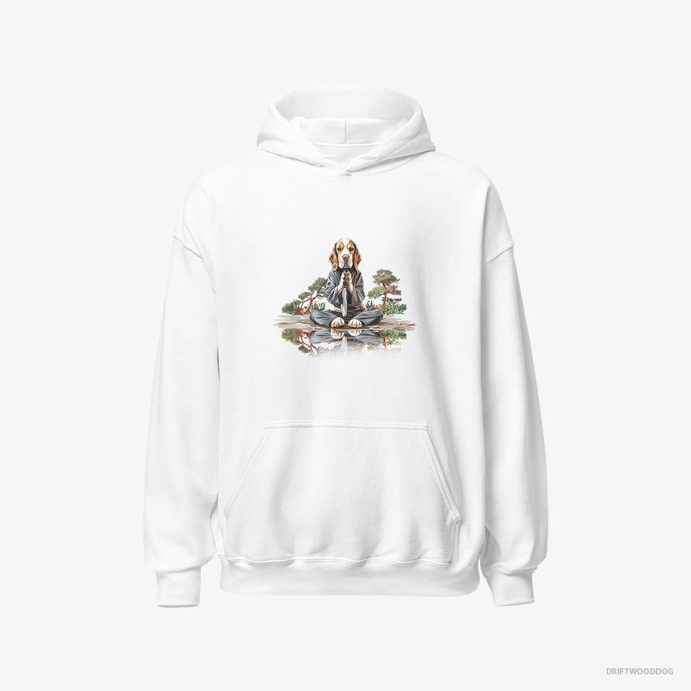 Beagle Hoodie – Men White Hoodie Classic – Meditating in a Peaceful Japanese Garden (on White Background)