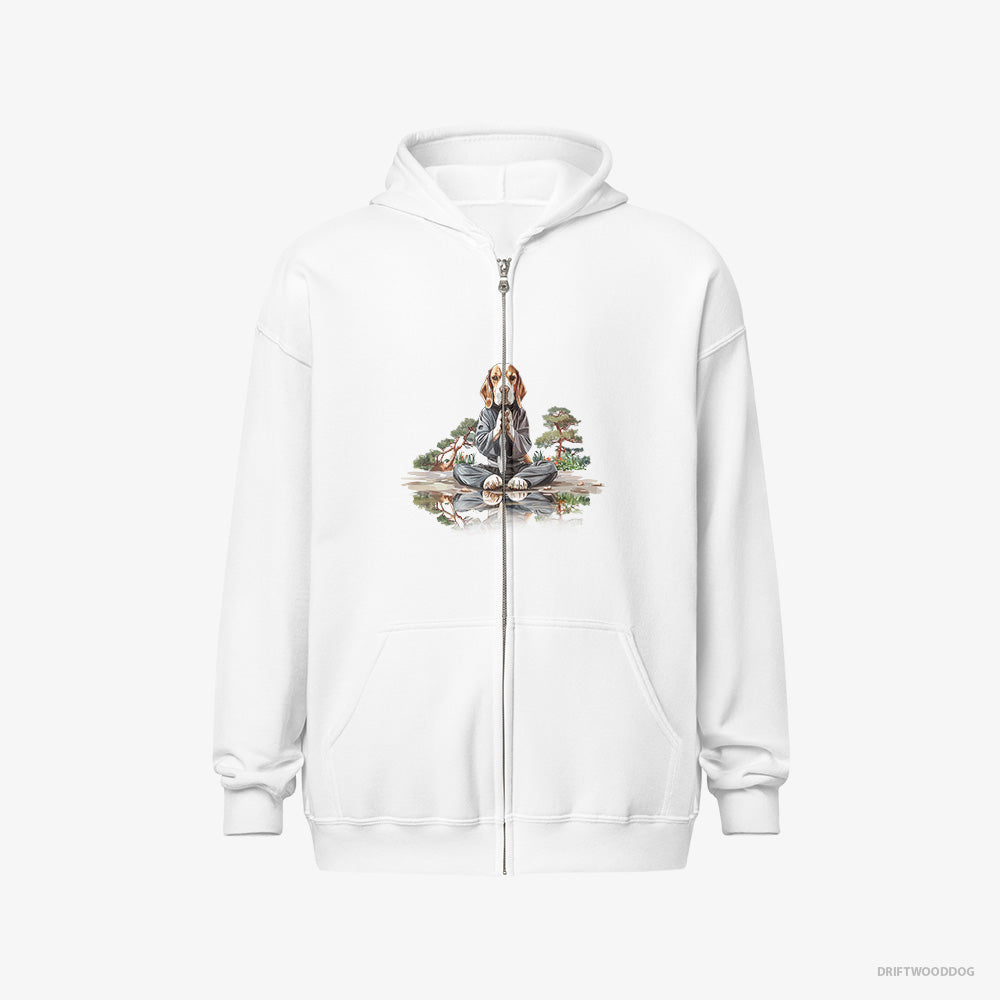 Beagle Hoodie – Men White Hoodie Full-Zip – Meditating in a Peaceful Japanese Garden (on White Background)