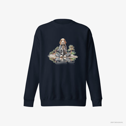 Beagle Sweatshirt – Women Navy Sweatshirt Eco-Friendly – Meditating in a Peaceful Japanese Garden (on White Background)