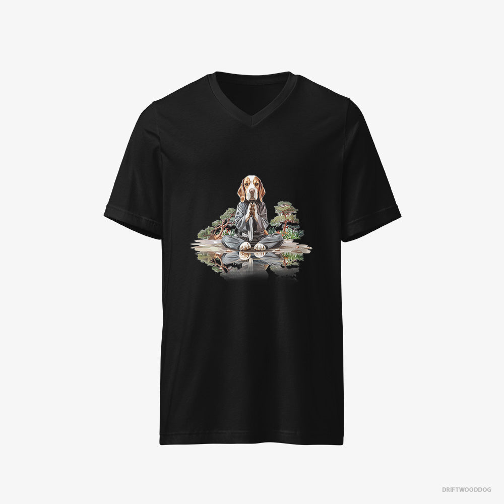 Beagle T-Shirt – Men Black T-Shirt V-Neck – Meditating in a Peaceful Japanese Garden (on White Background)