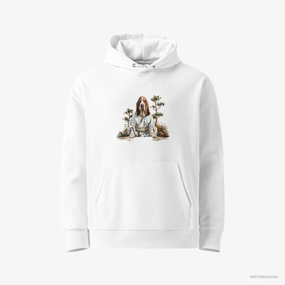 Basset Hound Hoodie – Men White Hoodie Eco-Friendly – Meditating in Silence in a Japanese Zen Garden (on White Background)