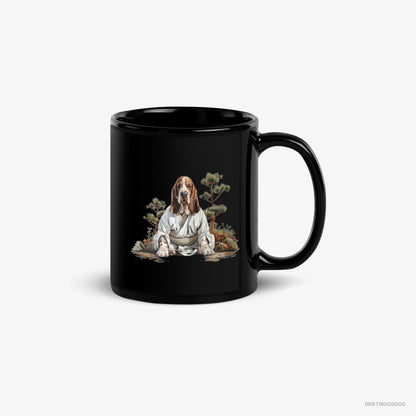 Basset Hound Mug – Unisex Black Mug Classic – Meditating in Silence in a Japanese Zen Garden (on White Background)