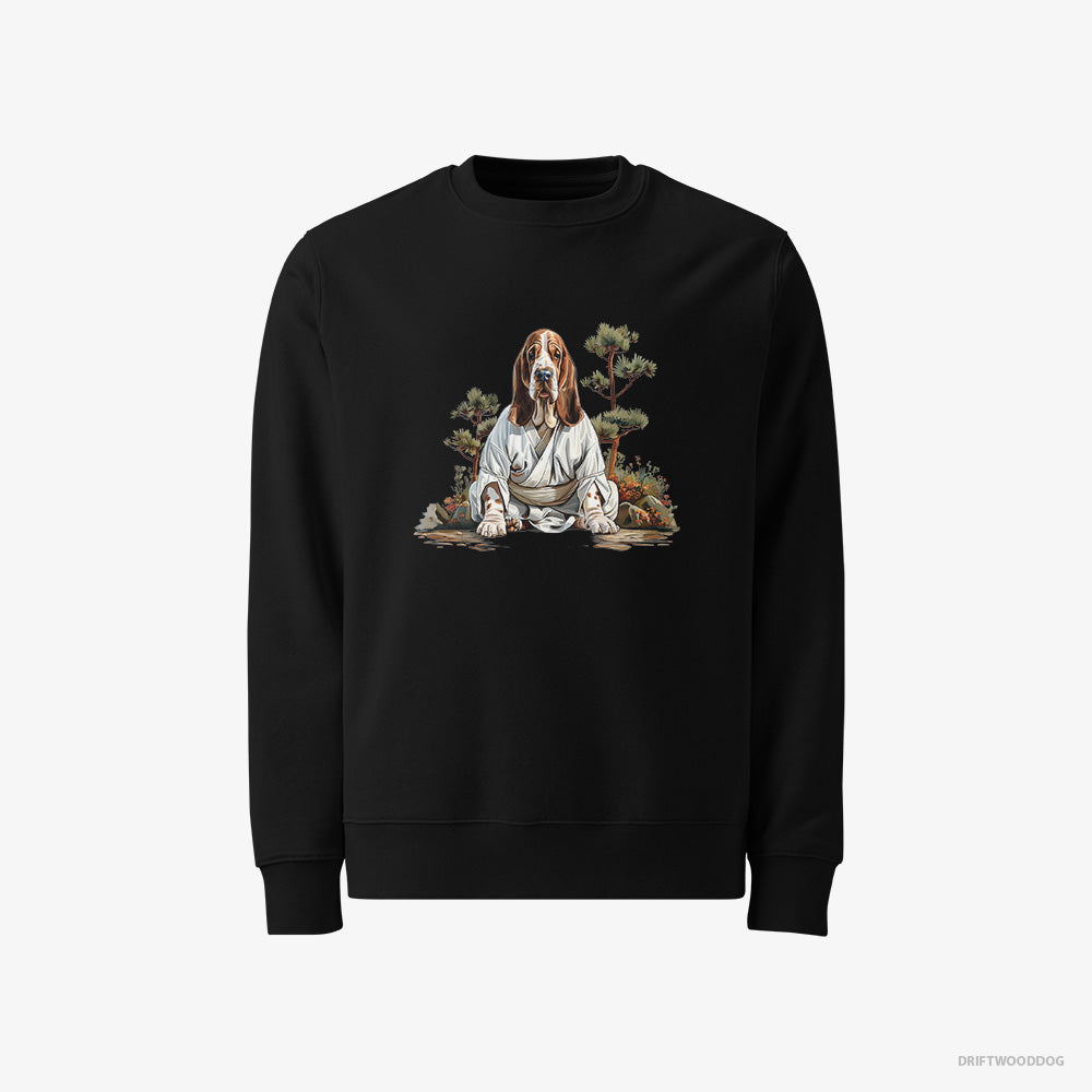 Basset Hound Sweatshirt – Men Black Sweatshirt Classic – Meditating in Silence in a Japanese Zen Garden (on White Background)