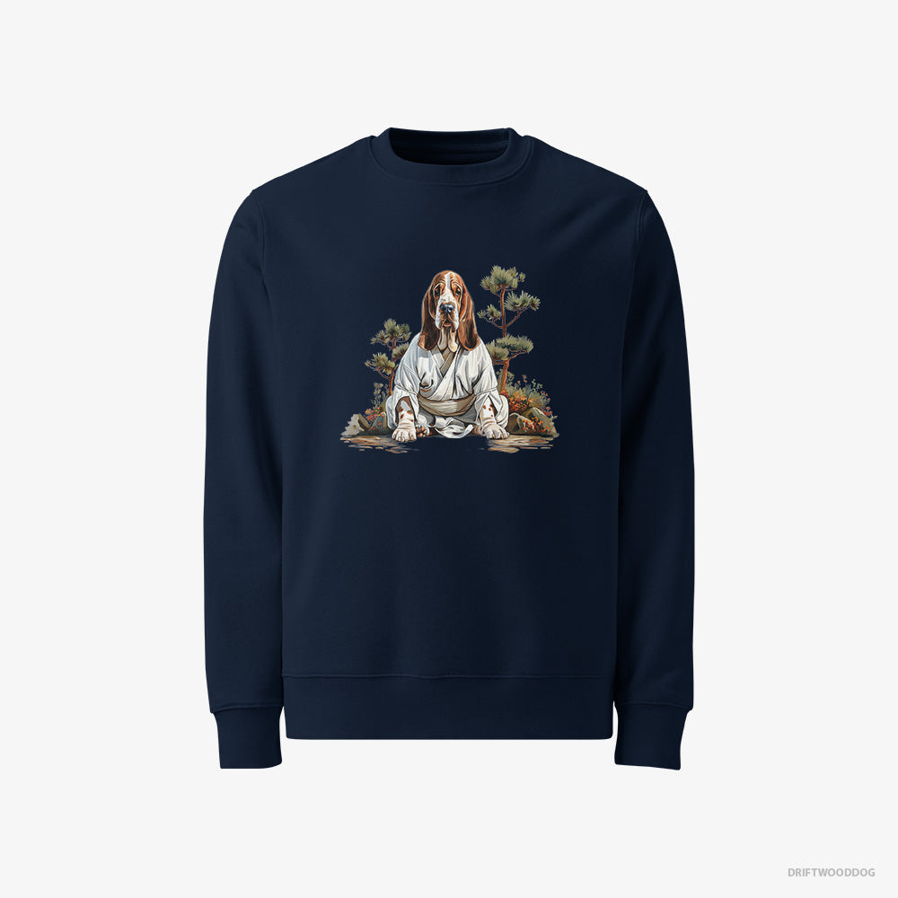 Basset Hound Sweatshirt – Men Navy Sweatshirt Classic – Meditating in Silence in a Japanese Zen Garden (on White Background)