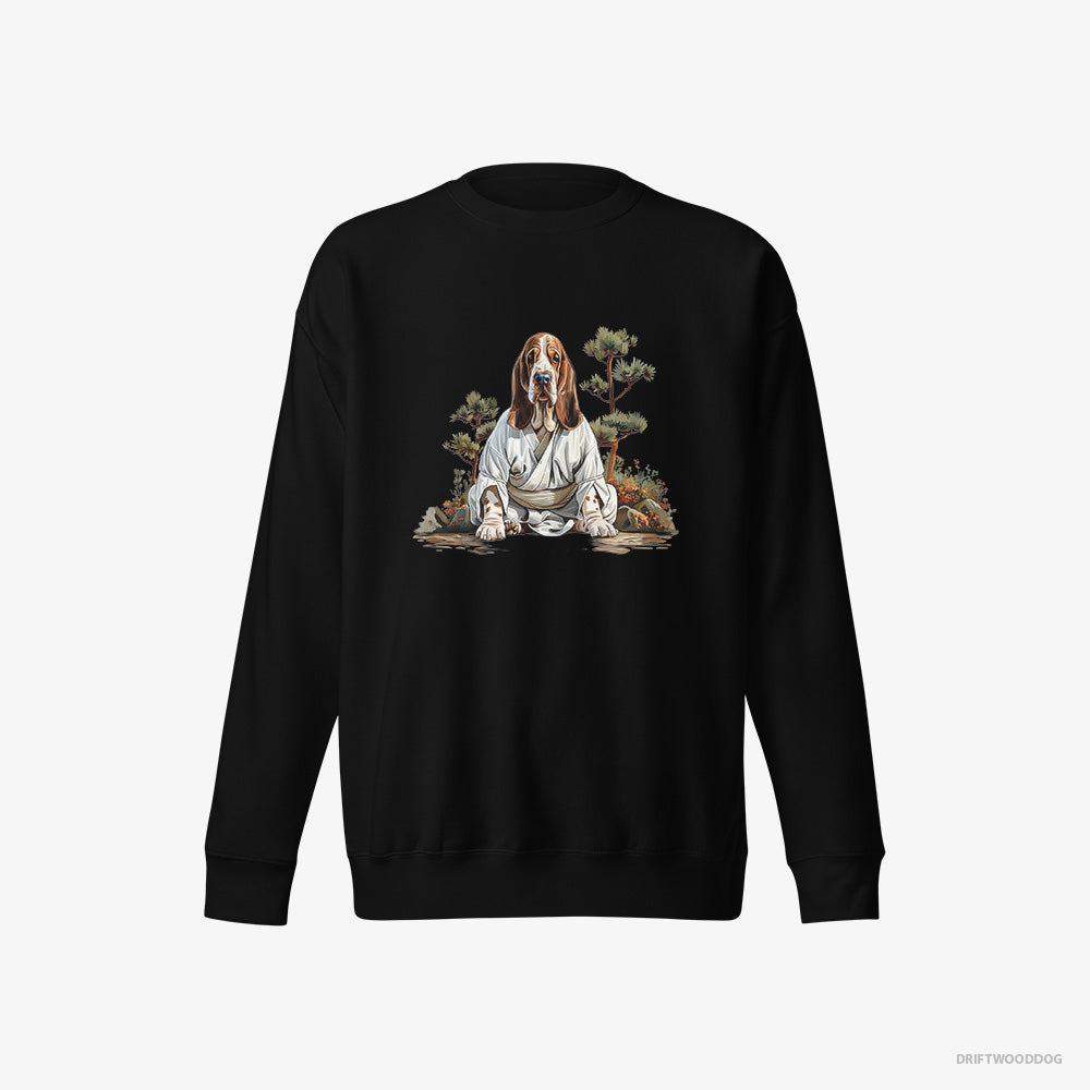 Basset Hound Sweatshirt – Women Black Sweatshirt Eco-Friendly – Meditating in Silence in a Japanese Zen Garden (on White Background)