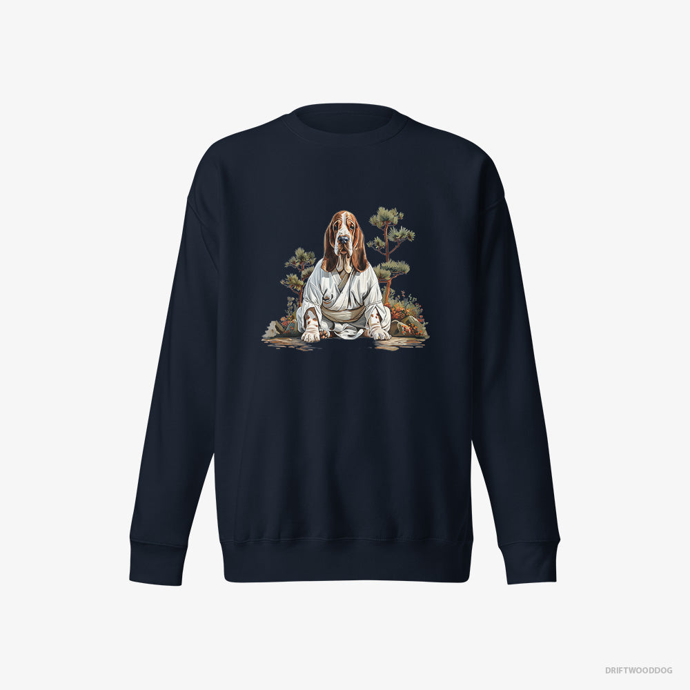 Basset Hound Sweatshirt – Men Navy Sweatshirt Eco-Friendly – Meditating in Silence in a Japanese Zen Garden (on White Background)