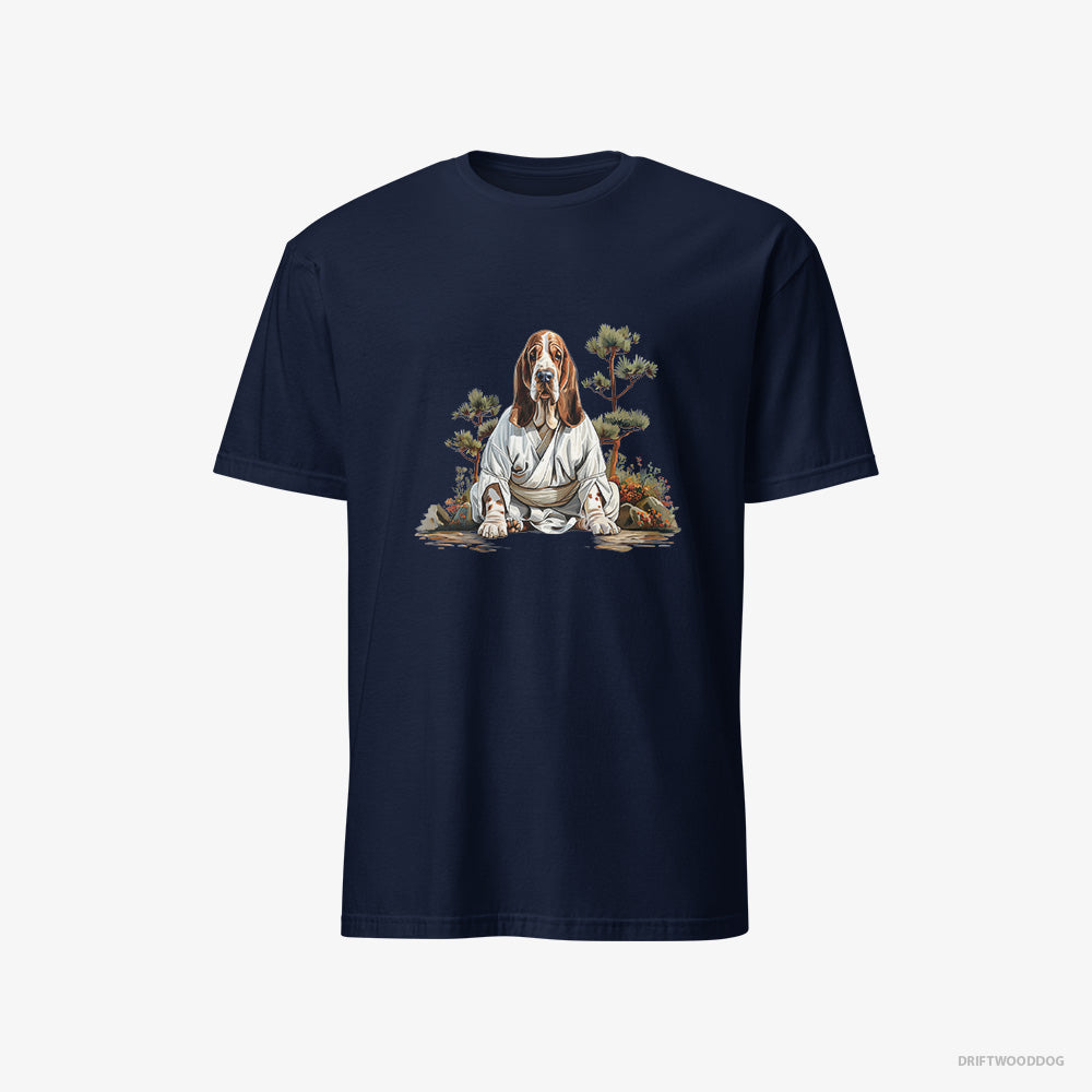 Basset Hound T-Shirt – Men Navy T-Shirt Classic – Meditating in Silence in a Japanese Zen Garden (on White Background)