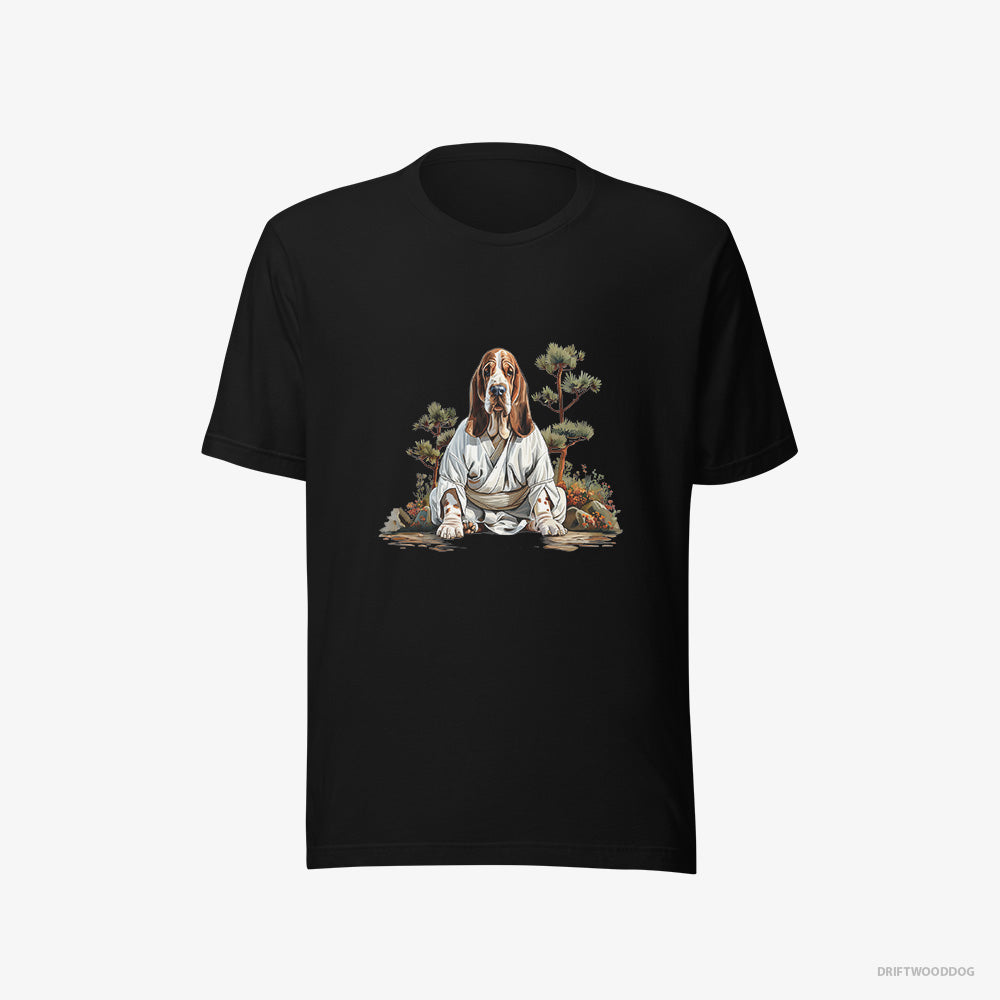 Basset Hound T-Shirt – Men Black T-Shirt Eco-Friendly – Meditating in Silence in a Japanese Zen Garden (on White Background)