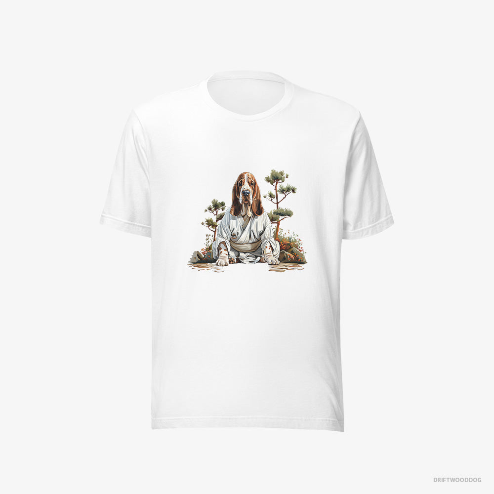 Basset Hound T-Shirt – Women White T-Shirt Eco-Friendly – Meditating in Silence in a Japanese Zen Garden (on White Background)