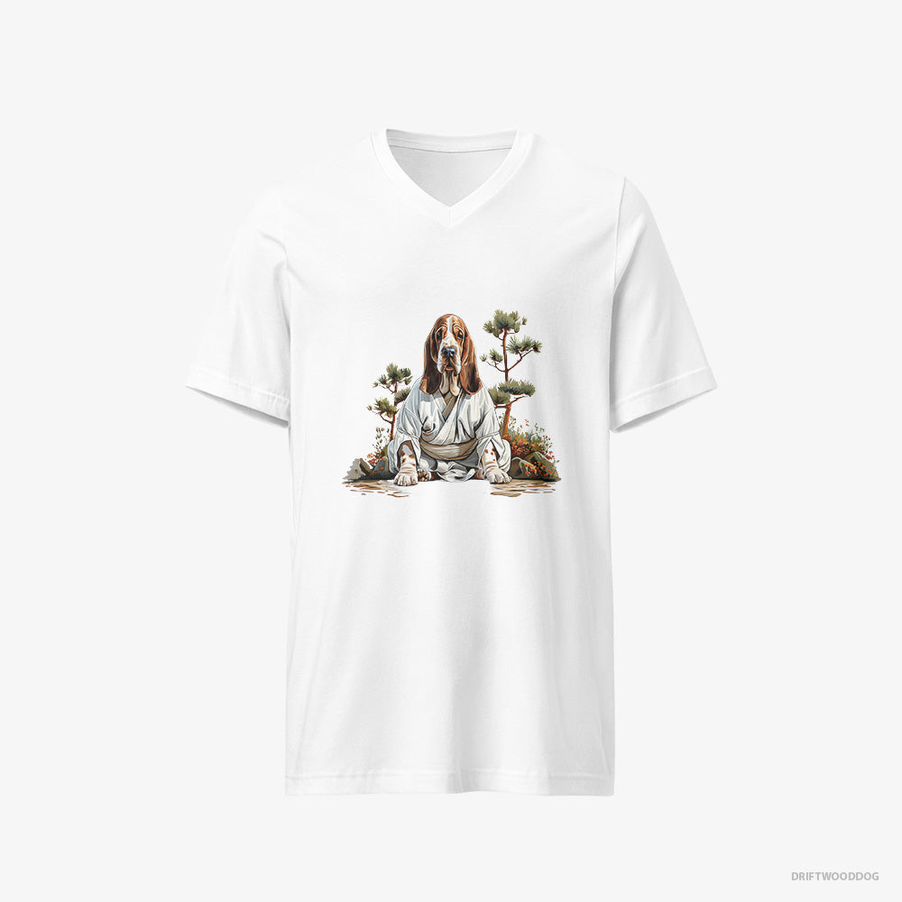 Basset Hound Meditating in Silence in a Japanese Zen Garden V-Neck T-Shirt