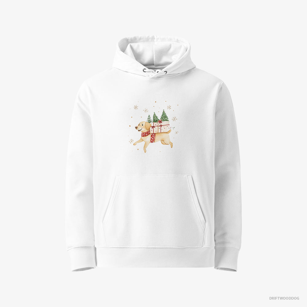 Labrador Retriever Hoodie – Women White Hoodie Eco-Friendly – Running with Christmas Gifts and Treats (on White Background)