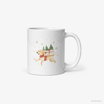 Labrador Retriever Running with Christmas Gifts and Treats White Mug