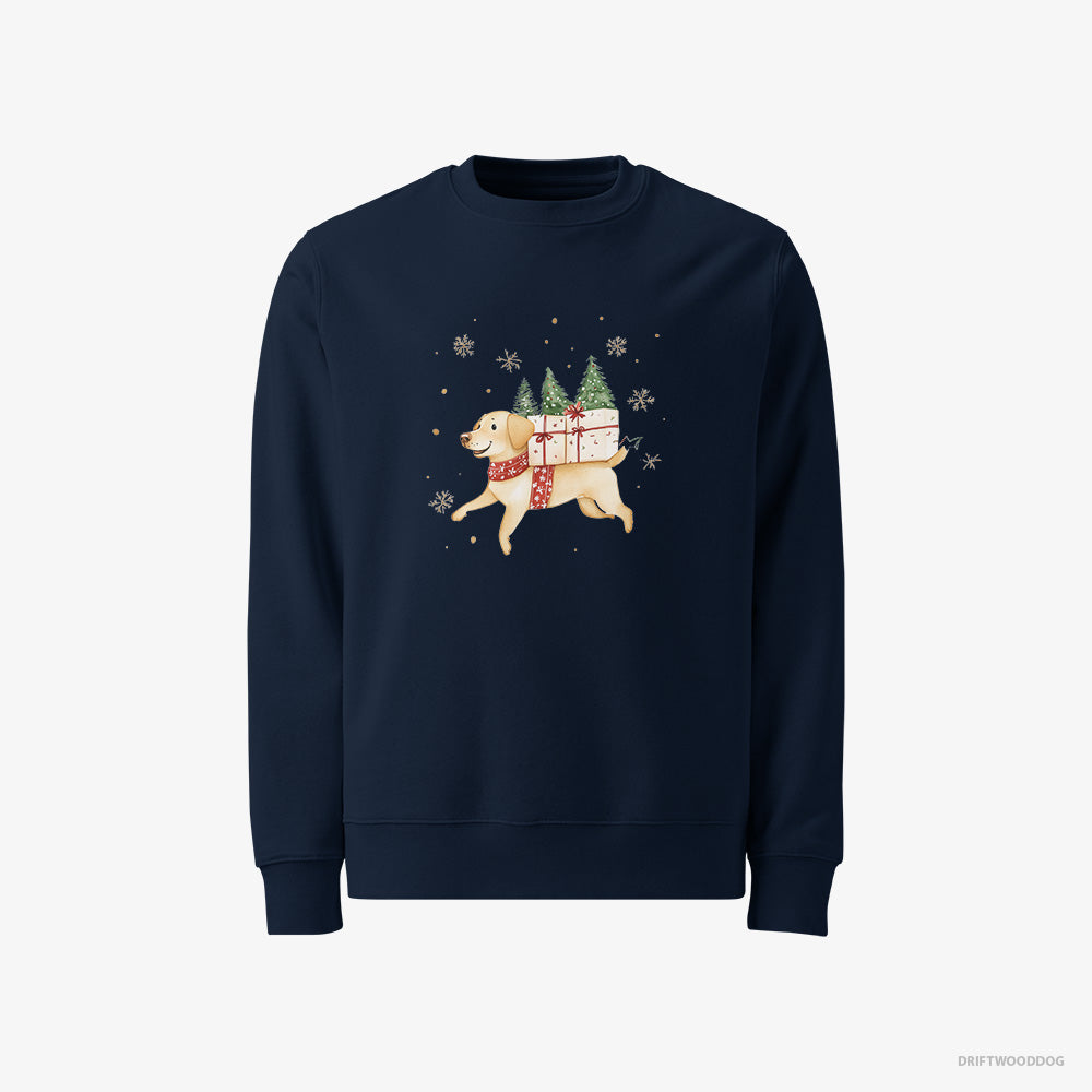 Labrador Retriever Sweatshirt – Men Navy Sweatshirt Classic – Running with Christmas Gifts and Treats (on White Background)