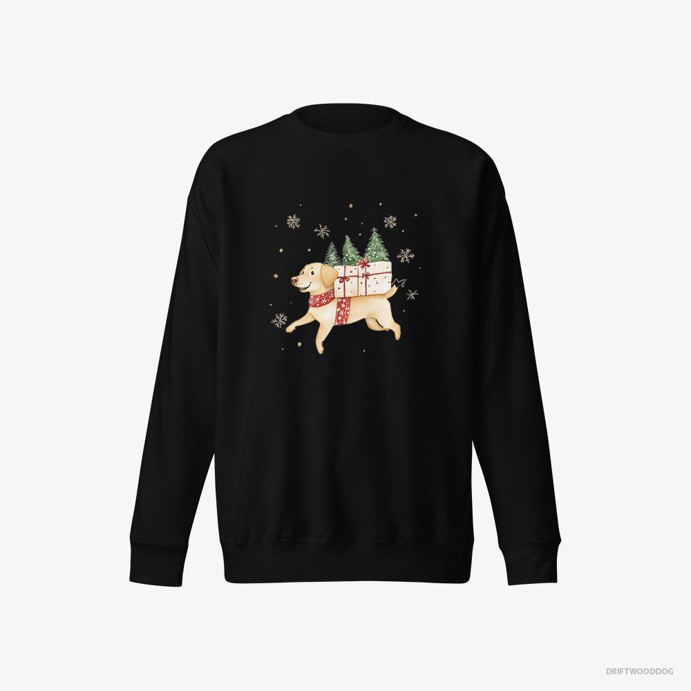 Labrador Retriever Sweatshirt – Women Black Sweatshirt Eco-Friendly – Running with Christmas Gifts and Treats (on White Background)