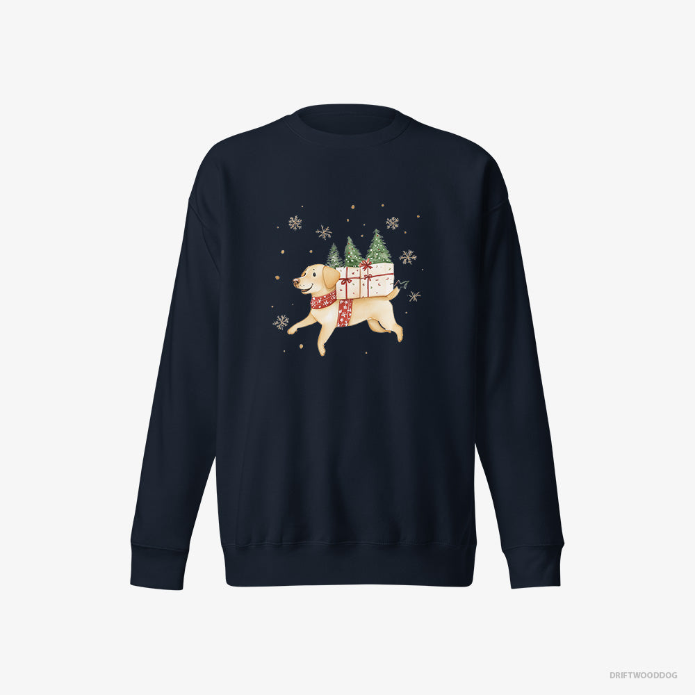 Labrador Retriever Sweatshirt – Men Navy Sweatshirt Eco-Friendly – Running with Christmas Gifts and Treats (on White Background)