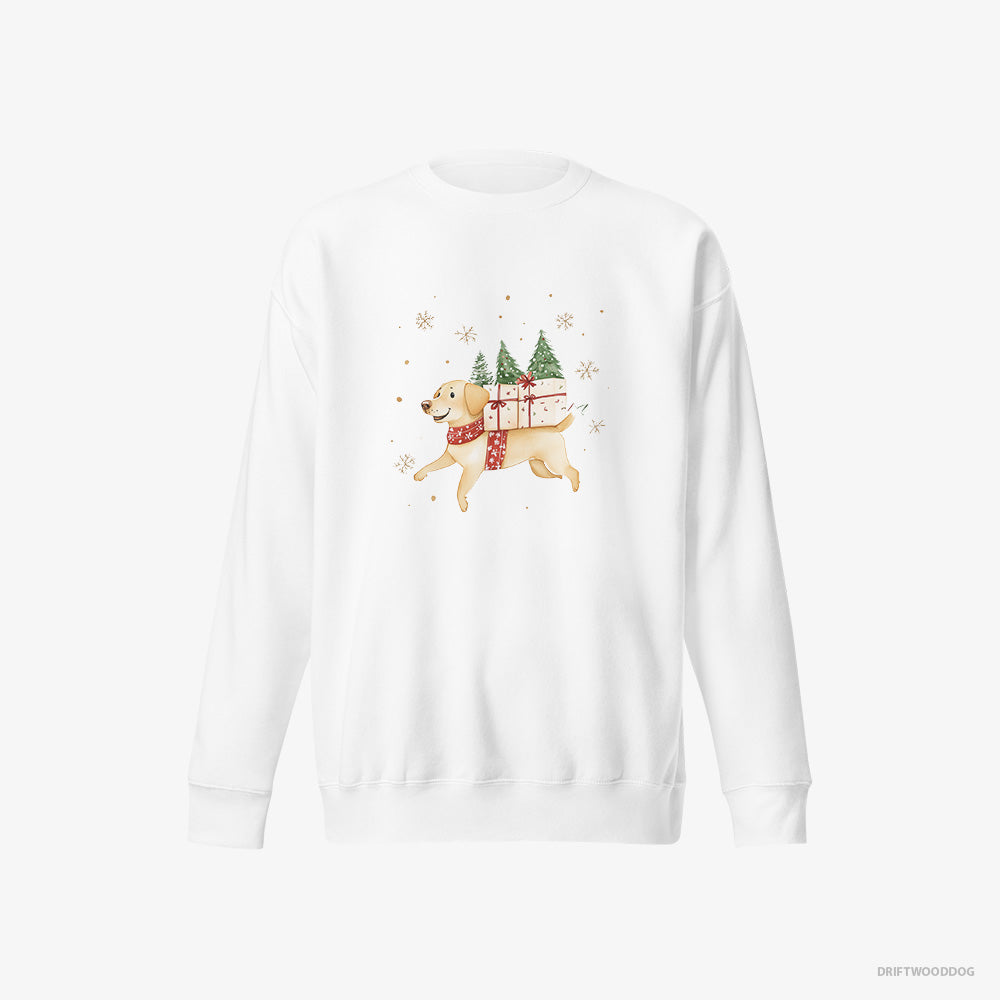 Labrador Retriever Sweatshirt – Men White Sweatshirt Eco-Friendly – Running with Christmas Gifts and Treats (on White Background)