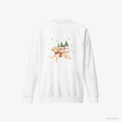 Labrador Retriever Running with Christmas Gifts and Treats White Sweatshirt