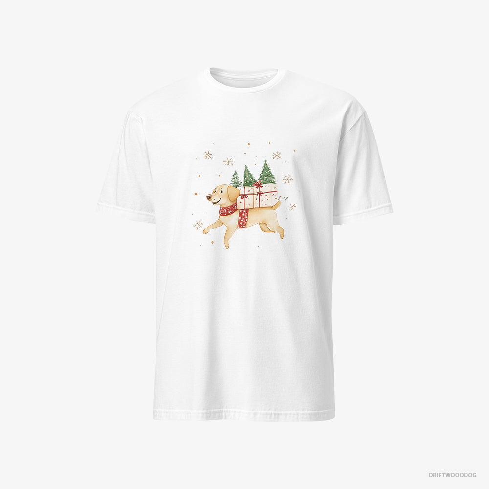 Labrador Retriever T-Shirt – Men White T-Shirt Classic – Running with Christmas Gifts and Treats (on White Background)