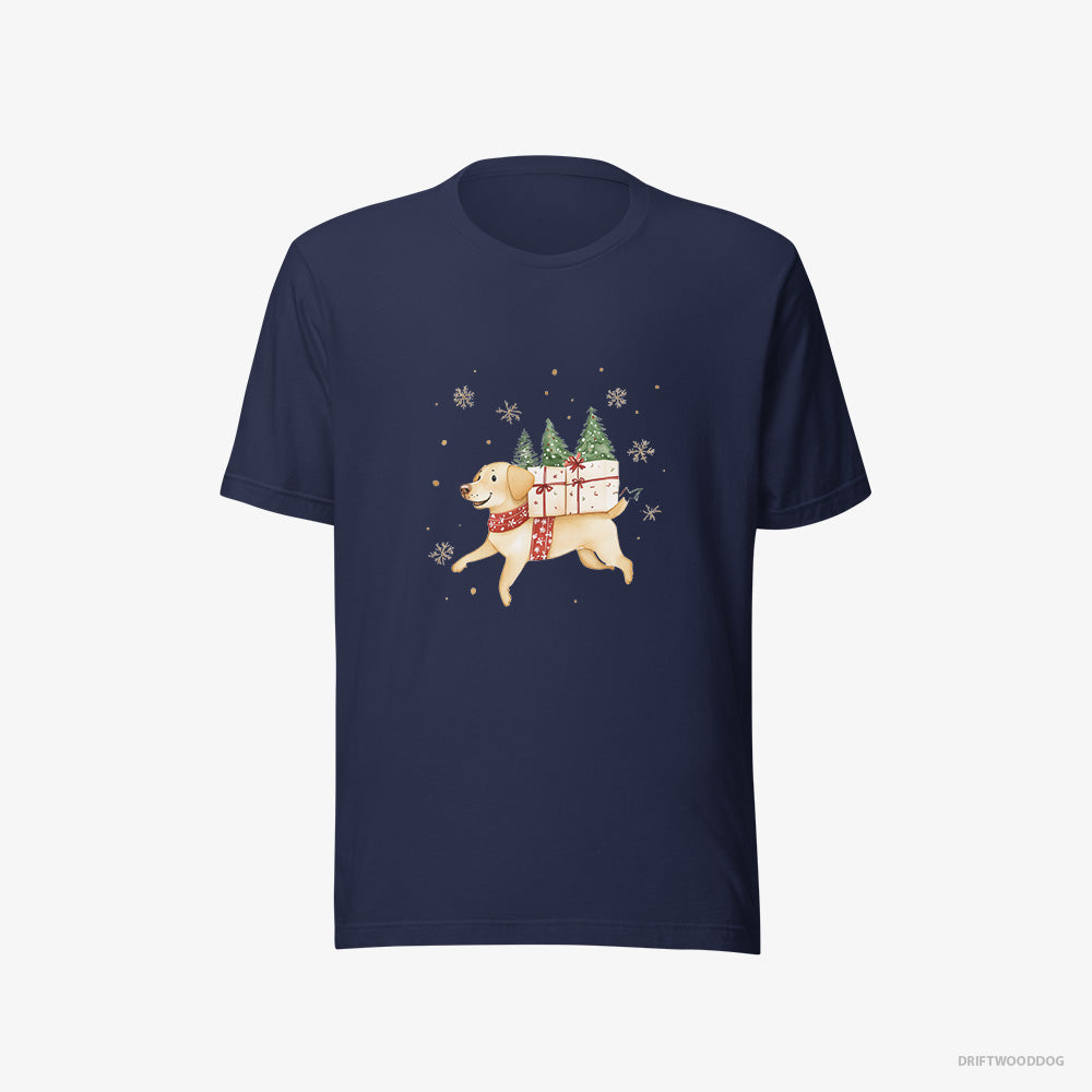 Labrador Retriever T-Shirt – Women Navy T-Shirt Eco-Friendly – Running with Christmas Gifts and Treats (on White Background)