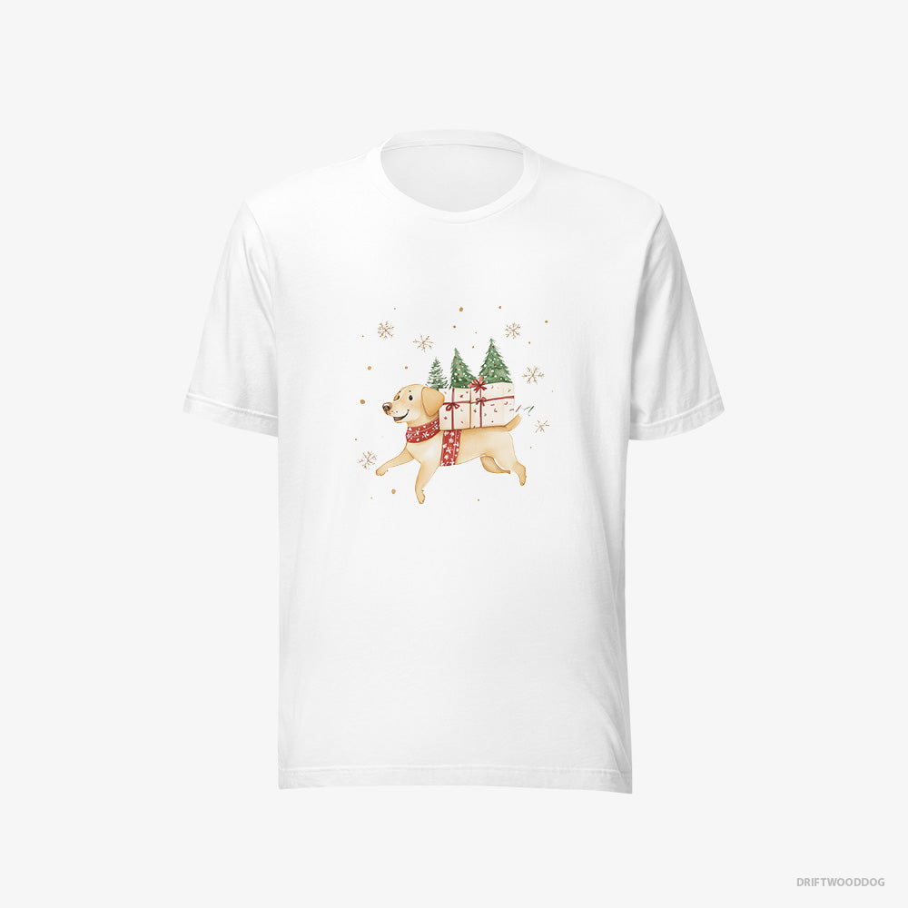 Labrador Retriever T-Shirt – Men White T-Shirt Eco-Friendly – Running with Christmas Gifts and Treats (on White Background)