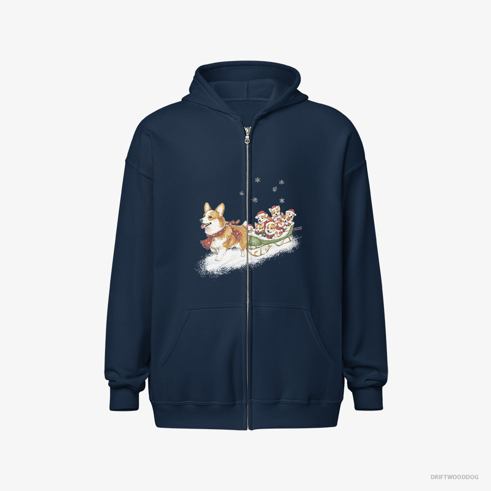 Corgi Hoodie – Men Navy Hoodie Full-Zip – Riding a Sled with Puppies (on White Background)